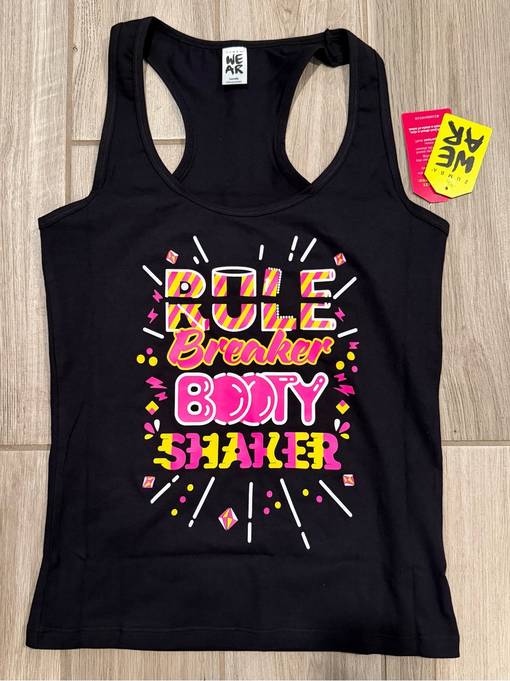 Zumba Fitness Zumba Shaker Racerback Black Tank Top Neon Pink Graphic Large Nwt
